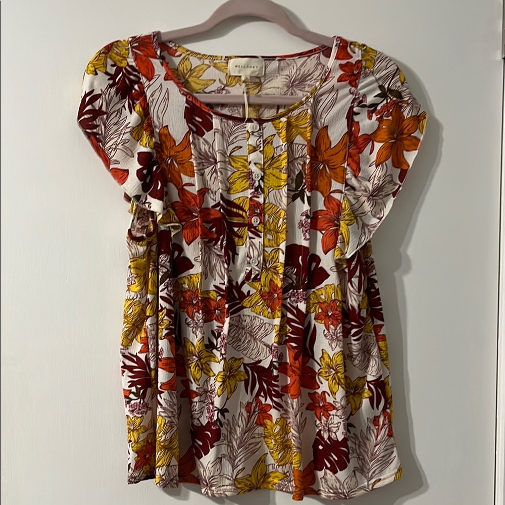 MELLODAY Gold and Red Relaxed Ruffled Blouse